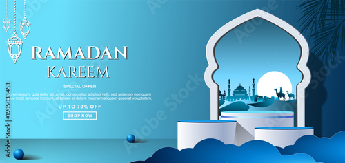 Ramadan sale discount template banner with 3d podium for product sale.