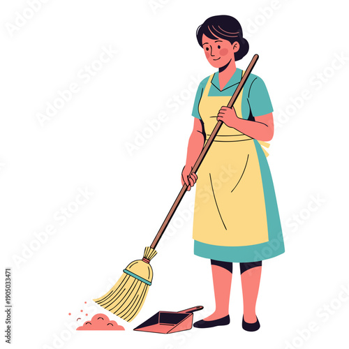 Woman brushing floor with broom, vector, perfect for cleaning service websites, housekeeping blogs, domestic help agencies,  and home maintenance guides