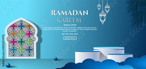Ramadan sale discount template banner with 3d podium for product sale.