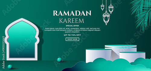 Ramadan sale discount template banner with 3d podium for product sale.