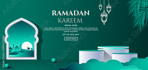 Ramadan sale discount template banner with 3d podium for product sale.