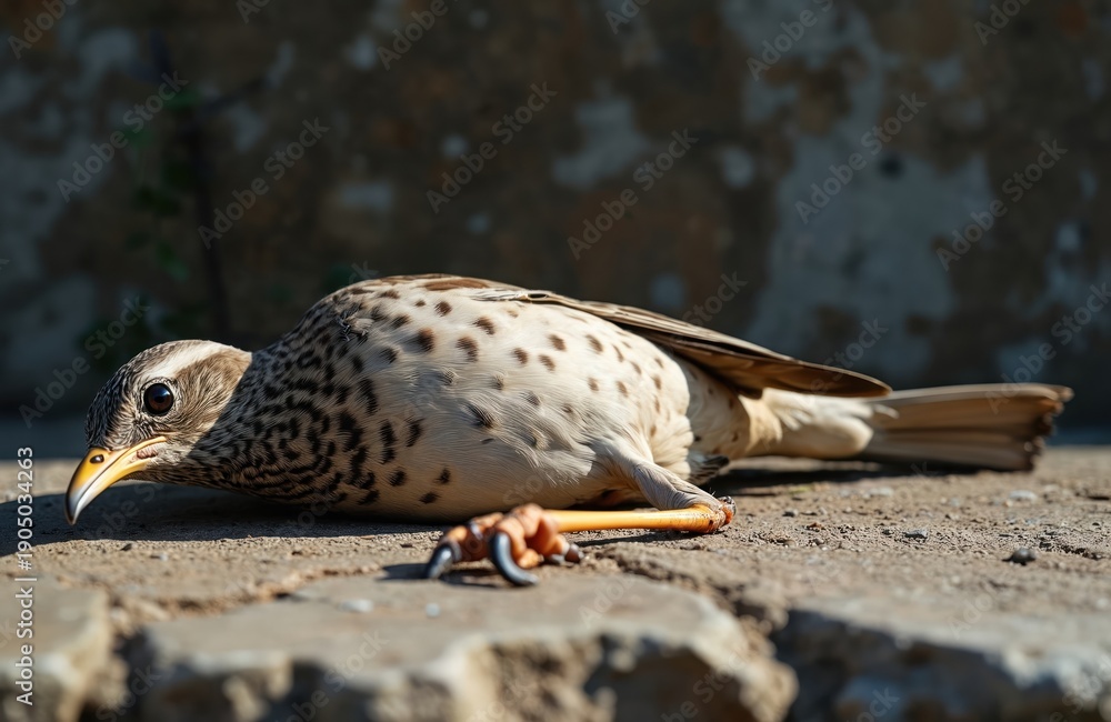 Obraz premium Dead song thrush lies on stone wall. Spotted bird is lifeless with delicate feathers. Nature claims animal ending its song, quiet stillness. Wildlife tragedy unfolds.