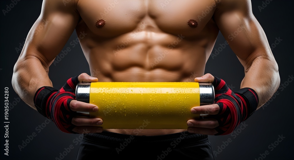 Naklejka premium Man Showing Fit Body While Holding a Yellow Dumbbell in His Hands