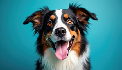 Happy Border Collie dog portrait, black white and tan fur, bright eyes, tongue out. Isolated studio shot on vibrant blue background. Friendly canine pal.