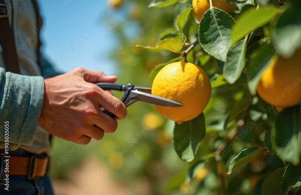 Fototapeta premium Farmer hand cuts ripe yellow lemon from branch with scissors. Citrus grove harvest. Sunny day on organic farm. Healthy food cultivation for juice.