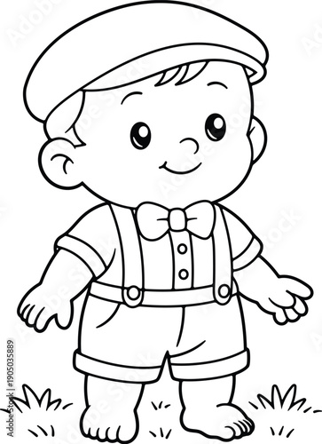 Baby boy coloring page standing and smiling. Friendly cartoon baby for kids coloring books, early learning activities, and creative play. Main object isolated from background.