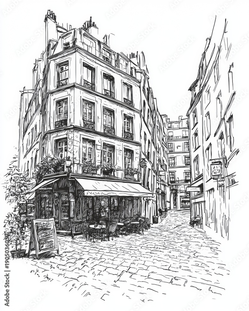 Obraz premium Sketch of a narrow street in Paris with a cafe and outdoor seating on a sunny day