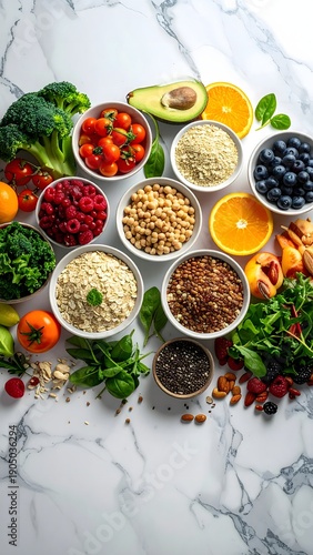 Vibrant assortment of fresh, healthy ingredients laid out on an elegant marble surface, perfect for a balanced diet and nutritious lifestyle