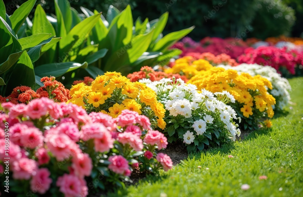 Obraz premium Garden beds display rows of pink, yellow, white, and red blooming flowers under bright sunlight. Rich green grass borders the colorful flowerbeds, creating a vibrant natural landscape scene.