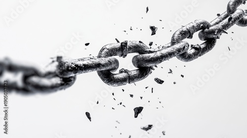 A broken chain with fragments flying off into the air on a white background