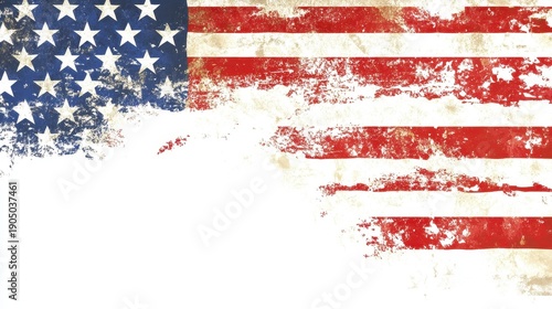 A distressed American flag with a vintage, worn look and faded colors on a white background.