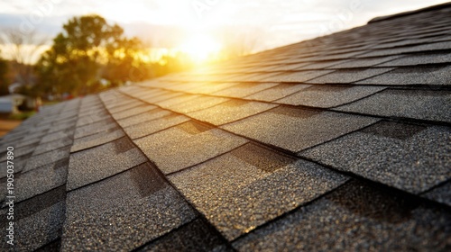Detailed close-up view of a textured asphalt shingle roof with sunlight shining through, showcasing the beauty of roofing materials and evening glow