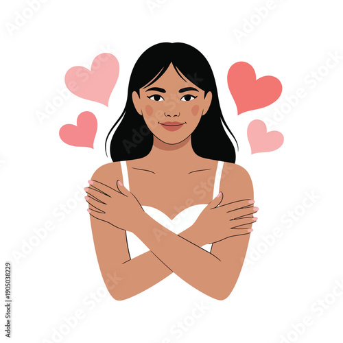 A person embraces themselves surrounded by hearts, representing self-love and affection.