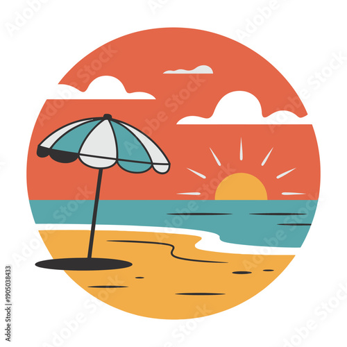 A beach umbrella stands on a sandy shore at sunset.