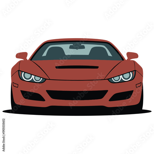 A striking red sports car is viewed from the front, showcasing its sleek design.