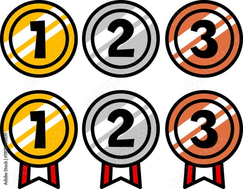 ランキングのメダルのセット。金、銀、銅。（Medals golden silver bronze ranking award 1st, 2rd, 3rd place）
