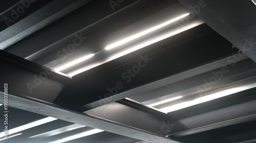 Abstract View of Industrial Ceiling Beams with Natural Light Streaming through Gaps for Architectural Design and Structural Aesthetics