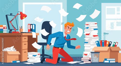 Overwhelmed businessman in messy office, angry man stressed by paperwork, deadline, and chaos, vector illustration