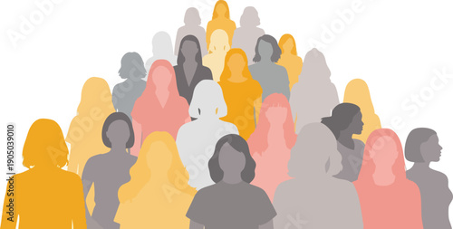 Diverse group of women silhouettes vector illustration, various skin tones and hair colors, crowd of females, community concept isolated on white