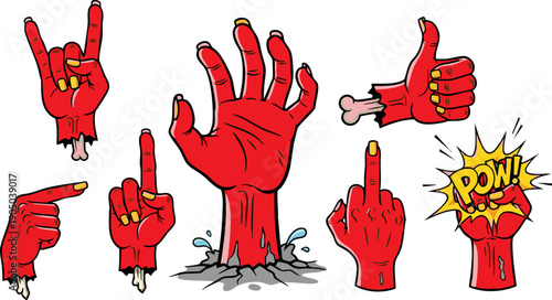 Red zombie hands vector set with various gestures: rock and roll, pointing, middle finger, thumbs up, rising from ground, isolated on white