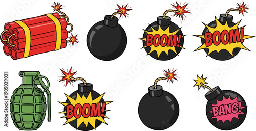 Vector cartoon bomb and dynamite stick set with explosion speech bubbles, black round bombs, green grenade isolated on white