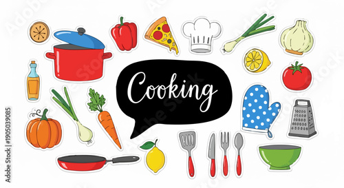 Cooking vector icon set with kitchen utensils, vegetables, and food items, speech bubble with text, isolated on white