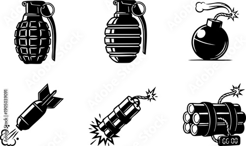 Black and white vector set of hand grenades, bombs, dynamite, and rocket icons, explosive weapons collection isolated on white