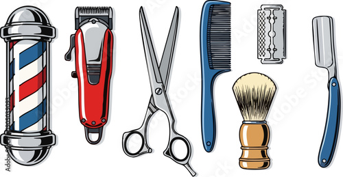 Barber shop tools vector set: pole, electric clipper, scissors, comb, razor blade, shaving brush, straight razor, isolated on white