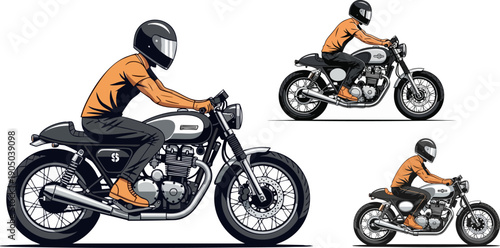 Cafe Racer Motorcycle Vector Illustration Set with Rider in Orange Shirt and Helmet, Isolated on White