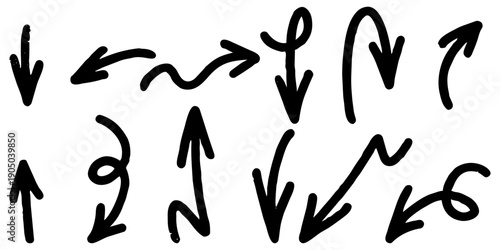 Hand drawn black marker arrow set. Doodle brush stroke arrows collection isolated on white background.