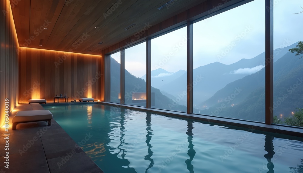 Fototapeta premium Indoor swimming pool with large windows overlooks misty mountains. Modern spa features wood walls, soft lighting, and lounge chairs. Serene retreat for relaxation and wellness.