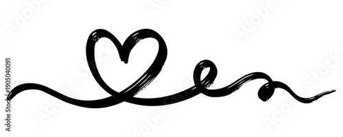 Hand drawn black brush heart line art with decorative swirl element isolated on white background.