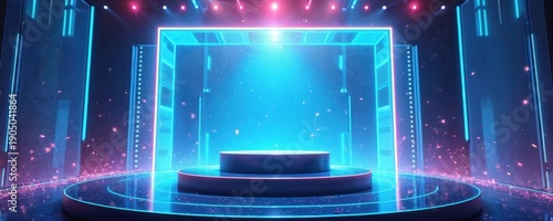 Futuristic stage with glass podium lit by blue neon. Digital background with animated confetti creates exciting high tech award atmosphere. Victory celebration concept.