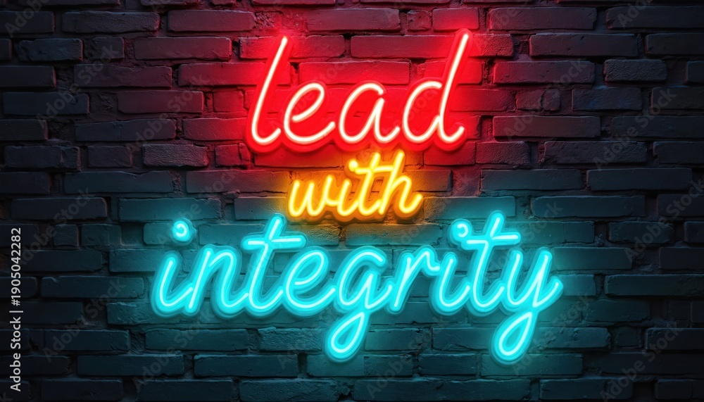 Fototapeta premium Neon text reads lead with integrity on brick wall. Positive message conveys honesty ethical principles. Ideal for business leadership or personal growth.