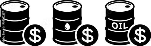 原油ドラム缶とドルマークの白黒シンプルアイコン（Oil Barrel and Dollar Symbol Black and White Icon）

