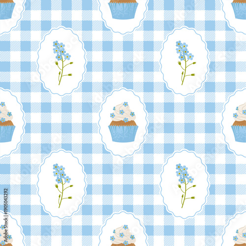 Romantic Rustic Coquette seamless pattern with cupcakes and flowers on a checkered background. Cute Vector illustration.