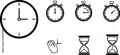 clock icons, icon set of clock, stopwatch, hourglass, time concept, line vector art
