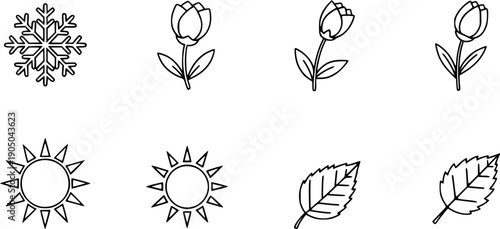 set icon seasons year, summer, winter, spring, autumn, icons snowflake, leaf, sun, flower, line vectors on white
