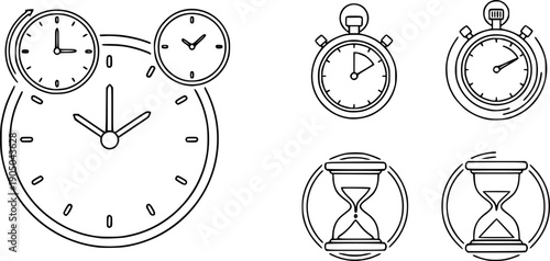 clock icons, icon set of clock, stopwatch, hourglass, time concept, line vector art
