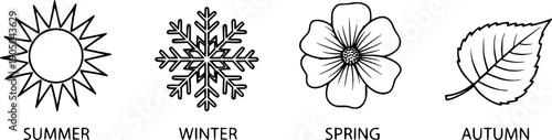 set icon seasons year, summer, winter, spring, autumn, icons snowflake, leaf, sun, flower, line vectors on white
