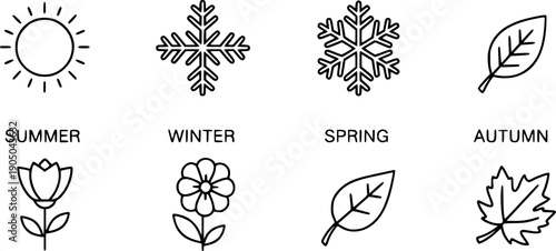 set icon seasons year, summer, winter, spring, autumn, icons snowflake, leaf, sun, flower, line vectors on white
