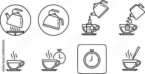 tea preparation instruction, icon set of process cooking hot drink, making cup with kettle for pour water, time brew tea, line vector art
