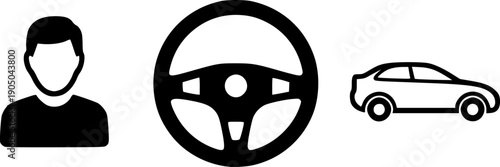 Drive Icons. Driver, Car, Steering Wheel Icon. Vector symbols.
