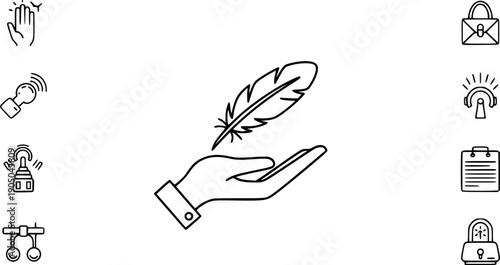 Lightweight icon set, feather on hand palm, light weight concept, soft touch surface, line art vector illustration
