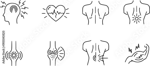 pain icons, body pain icon set, spasm or inflammation simple symbols, headache, heartache, backpain and more