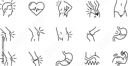 pain icons, body pain icon set, spasm or inflammation simple symbols, headache, heartache, backpain and more