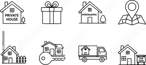 country house icons, icon set of private home, housewarming, location, suburb, moving, simple symbols, buying or renting