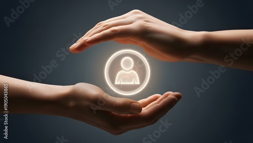 Hands gently cupping a radiant user icon, symbolizing comprehensive customer support, human resource protection, client care, and employee well-being in a secure digital or corporate environment
