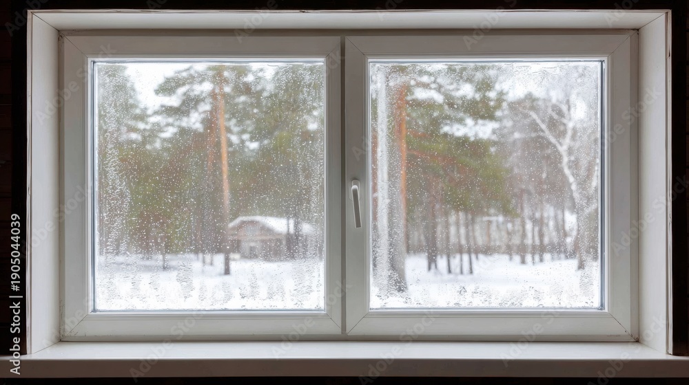 Obraz premium Frosted cabin window with snowy forest view outside. Late winter mood with frozen glass texture and peaceful rustic atmosphere. Cozy cold season lifestyle