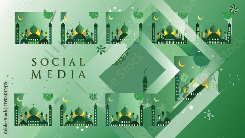 Vector social media icons with mosque and crescent moon, Eid Mubarak or Ramadan Kareem banner template, Islamic holiday celebration graphics
